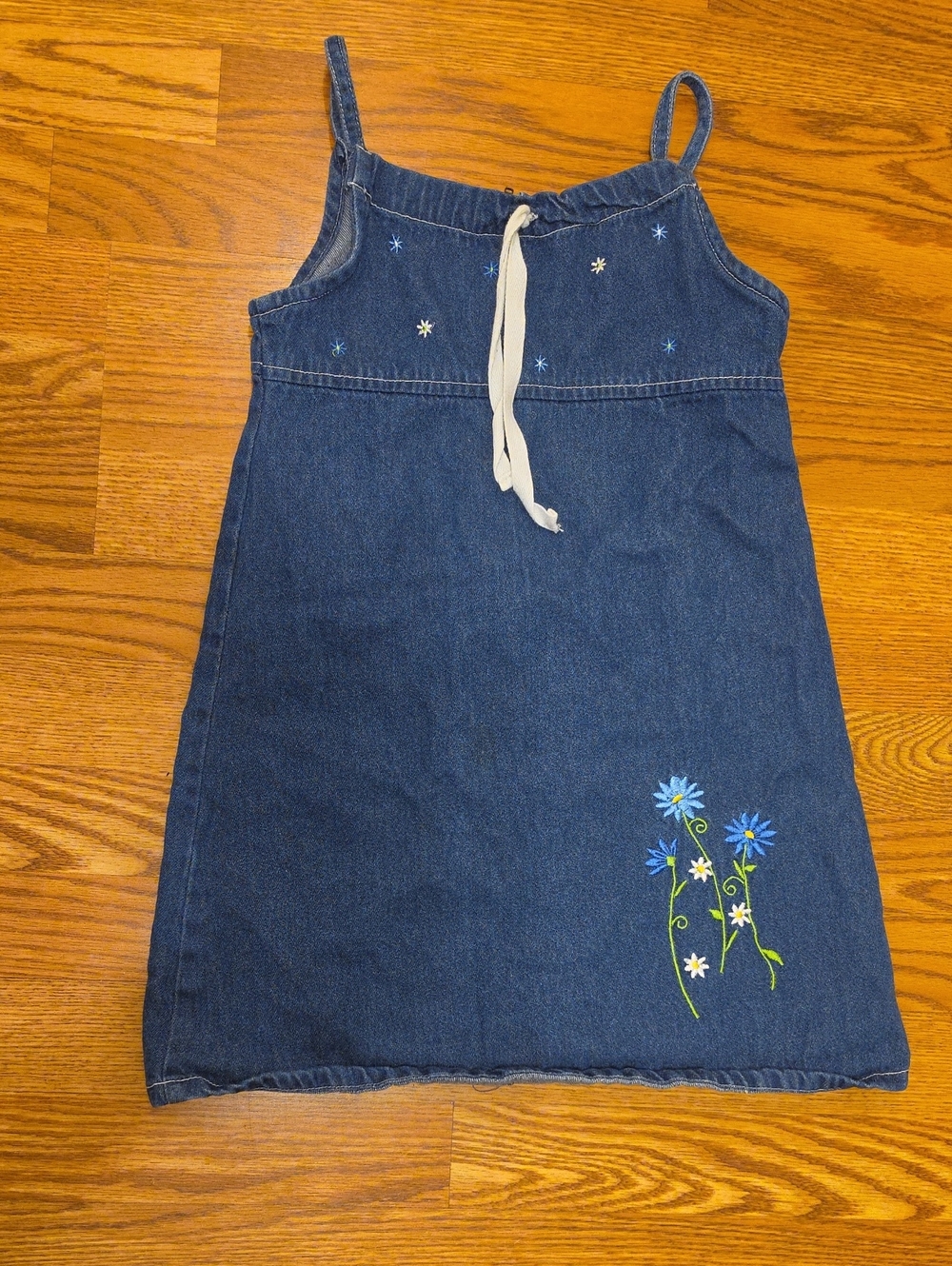 Girls' Dark Blue Denim Spaghetti-Strap Dress with Floral Embroidery Size (8-10)
